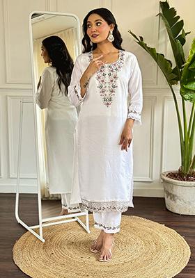 Cream Embroidered Chanderi Kurta Set