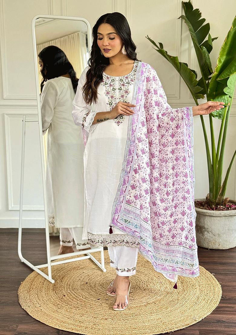 Cream Embroidered Chanderi Kurta Set