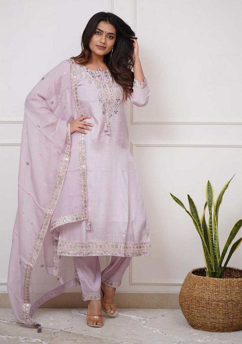 Mauve Embroidered Chanderi Kurta Set