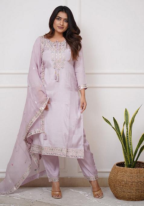 Dark Mauve Silk Chanderi hand block printed kurta dress set with a V neck and multi panels.