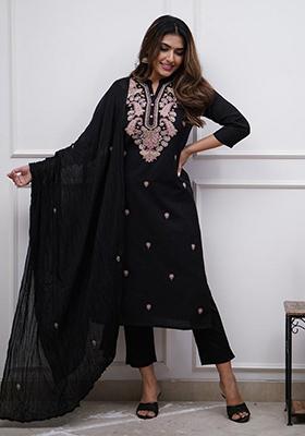 Black Embroidered Chanderi Kurta Set