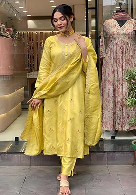 Yellow Embroidered Chanderi Kurta Set