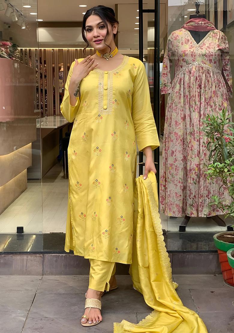 Yellow Embroidered Chanderi Kurta Set
