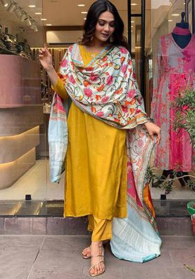 Mustard Yellow Embroidered Chanderi Kurta Set