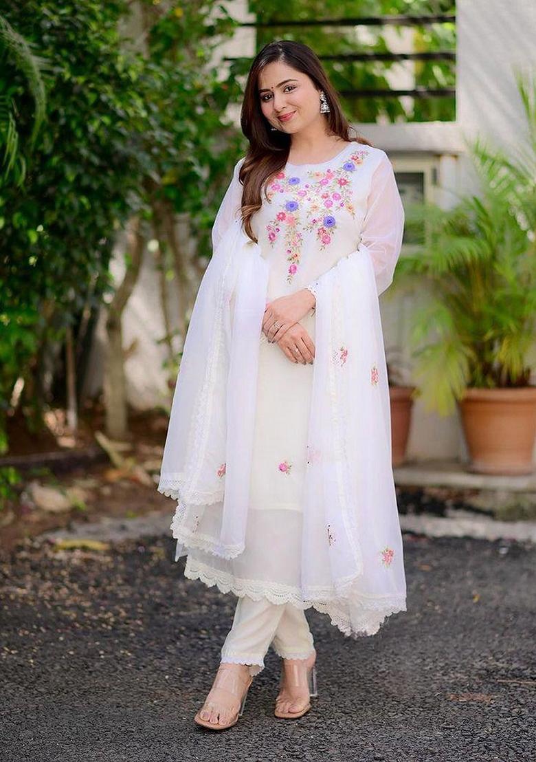 White Embroidered Georgette Kurta Set