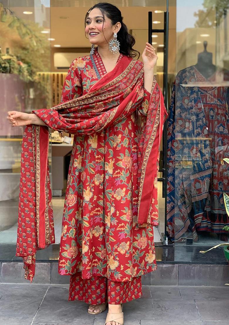 Red Abstract Print Cotton Kurta Set