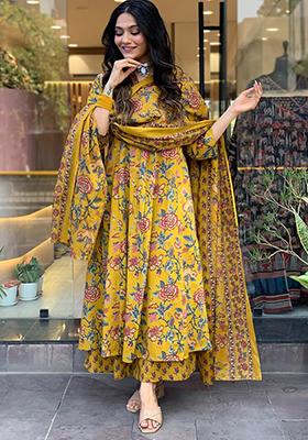 Yellow Abstract Print Cotton Kurta Set