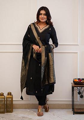 Black Embroidered Chanderi Kurta Set