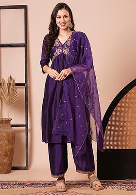 Purple Embroidered Silk Kurta Set
