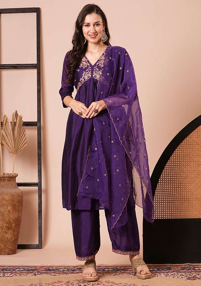 Purple Embroidered Silk Kurta Set - Indya
