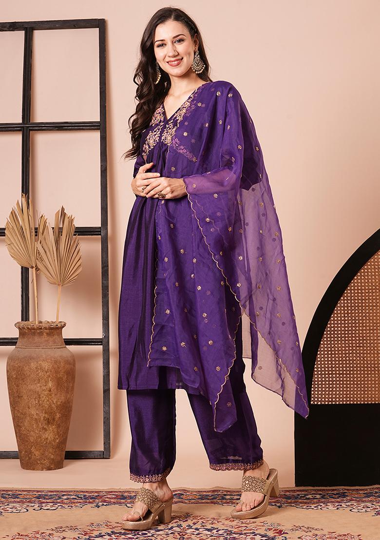 Purple Embroidered Silk Kurta Set