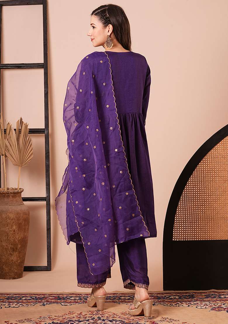Purple Embroidered Silk Kurta Set - Indya