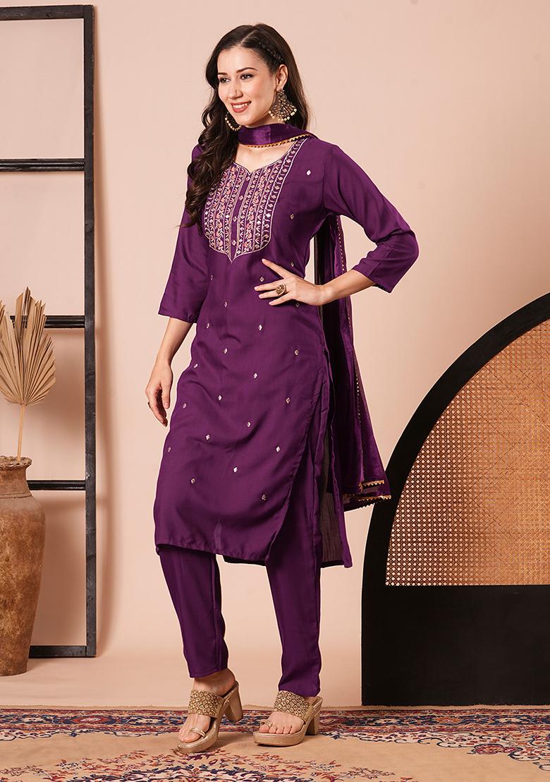 Purple Embroidered Rayon Kurta Set