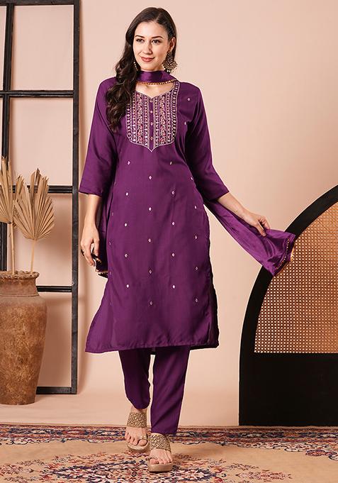 Purple Embroidered Rayon Kurta Set