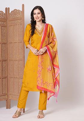Mustard Yellow Embroidered Chanderi Kurta Set