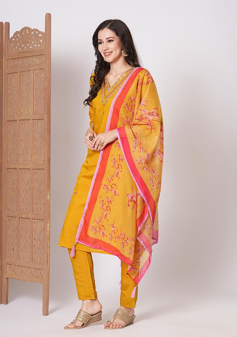 Mustard Yellow Embroidered Chanderi Kurta Set