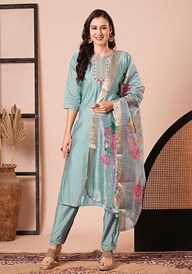 Sky Blue Embroidered Chanderi Kurta Set