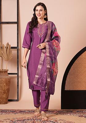 Purple Embroidered Chanderi Kurta Set