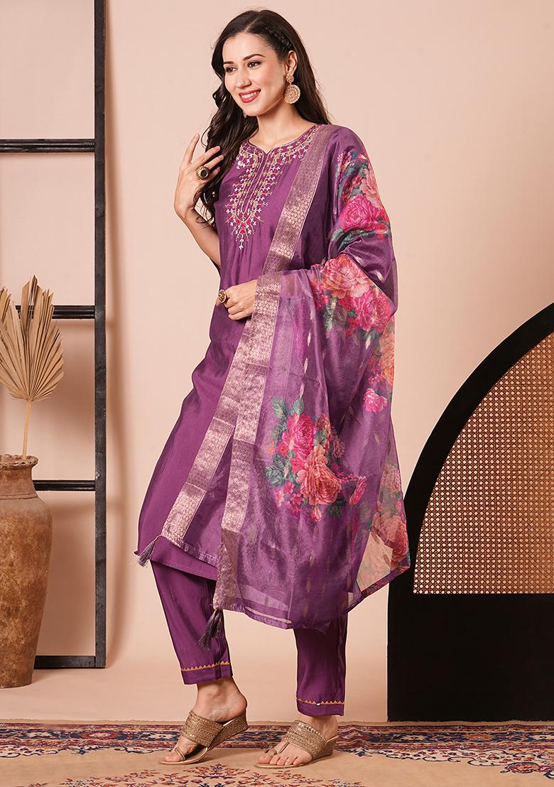 Purple Embroidered Chanderi Kurta Set