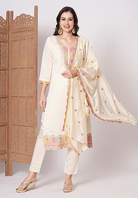 Cream Embroidered Chanderi Kurta Set