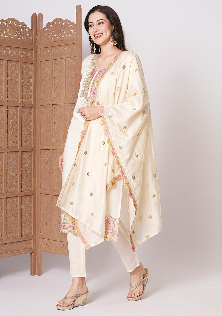 Cream Embroidered Chanderi Kurta Set