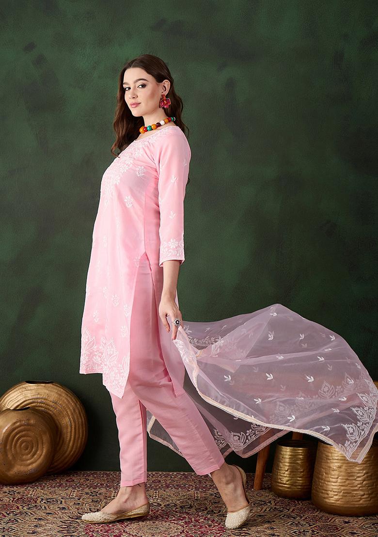 Pink Embroidered Silk Kurta Set