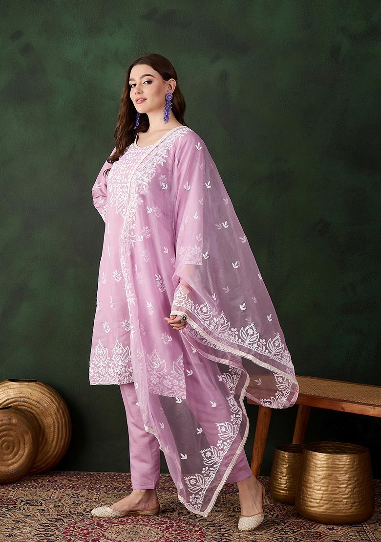 Lavender Embroidered Silk Kurta Set