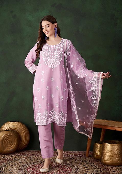 Lavender Embroidered Silk Kurta Set