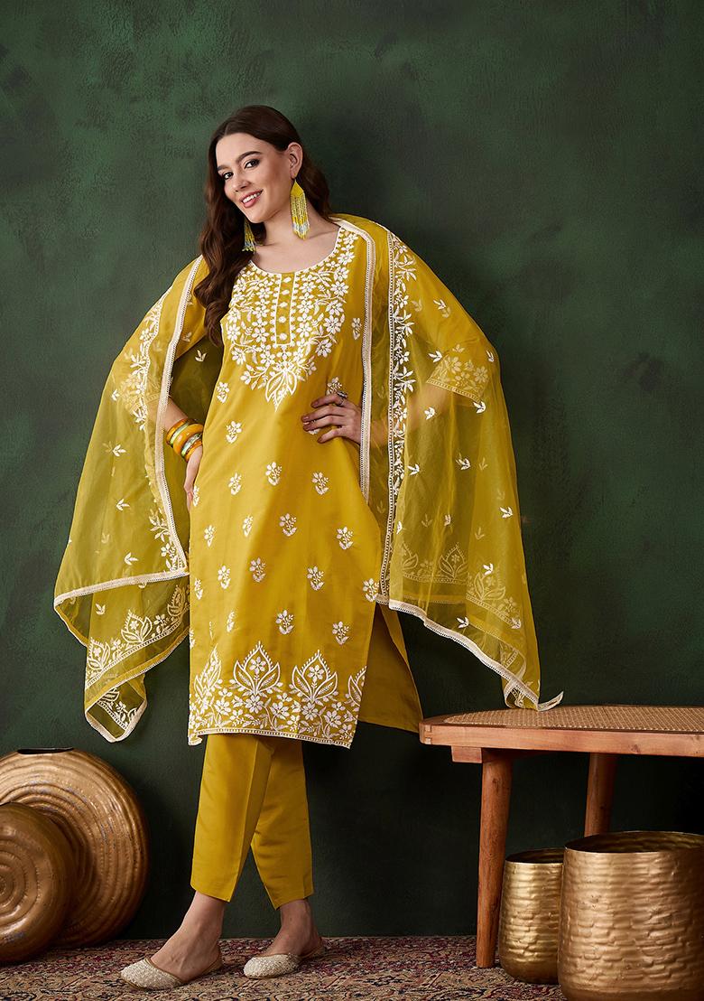 Mustard Yellow Embroidered Silk Kurta Set