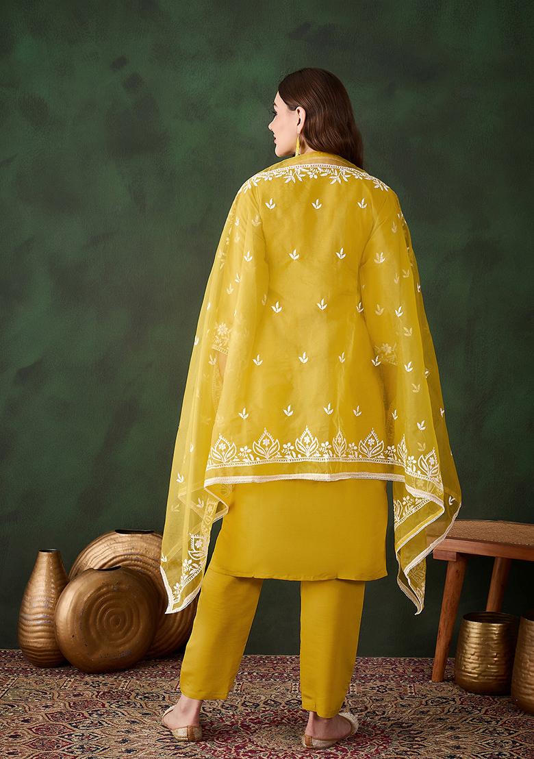 Mustard Yellow Embroidered Silk Kurta Set