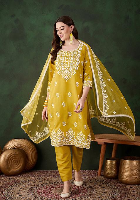 Mustard Yellow Embroidered Silk Kurta Set