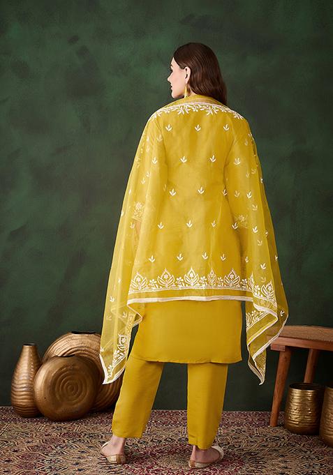 Mustard Yellow Embroidered Silk Kurta Set