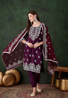 Purple Embroidered Silk Kurta Set