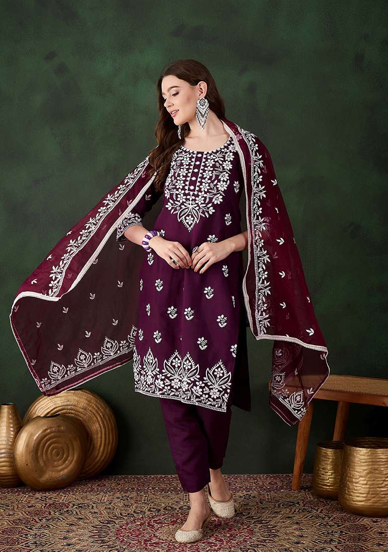Purple Embroidered Silk Straight Kurta Set - Indya