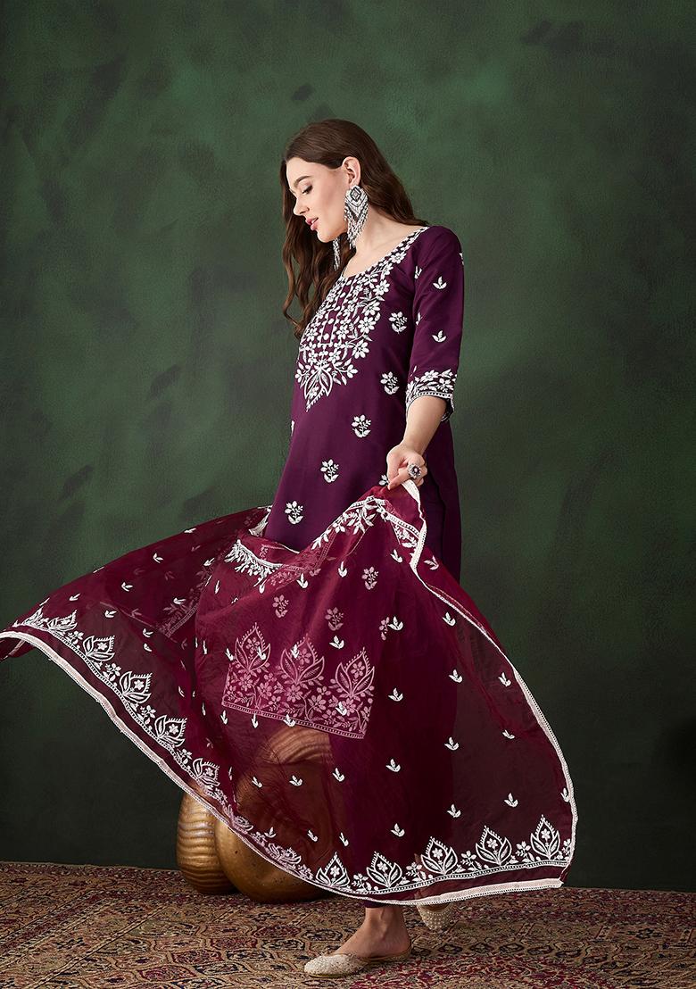 Purple Embroidered Silk Kurta Set