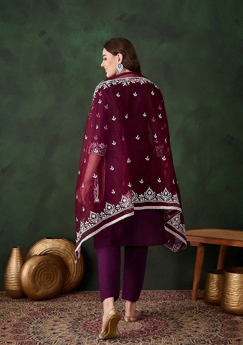 Purple Embroidered Silk Straight Kurta Set - Indya