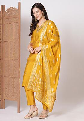 Yellow Embroidered Chanderi Kurta Set