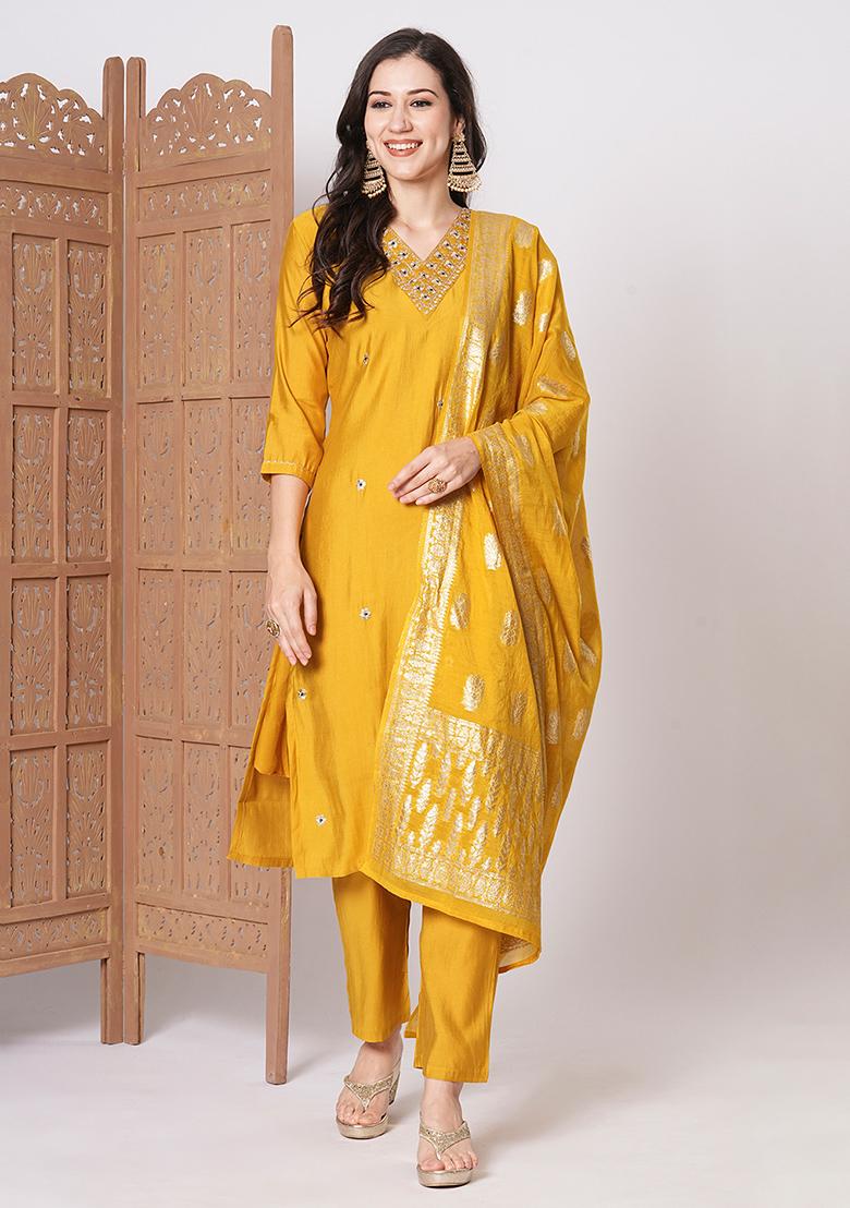 Yellow Embroidered Chanderi Kurta Set