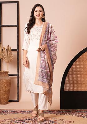 Cream Embroidered Chanderi Kurta Set