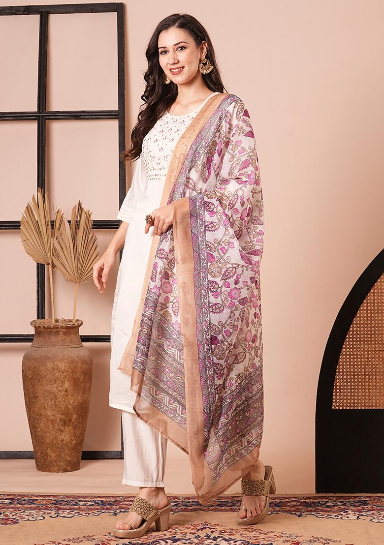 Cream Embroidered Chanderi Kurta Set
