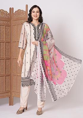 Off White Embroidered Silk Kurta Set