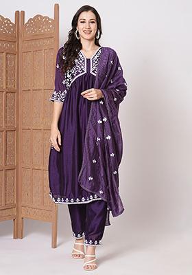 Purple Embroidered Silk Kurta Set