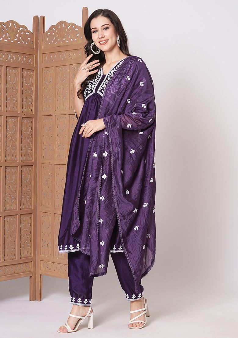 Purple Embroidered Silk Kurta Set