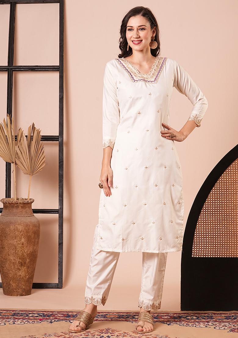 Off White Embroidered Silk Kurta Set