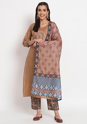 Brown Embroidered Cotton Kurta Set