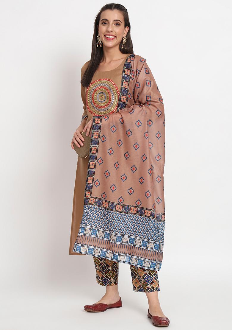 Brown Embroidered Cotton Kurta Set