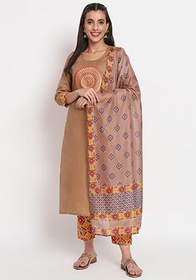 Brown Embroidered Cotton Kurta Set