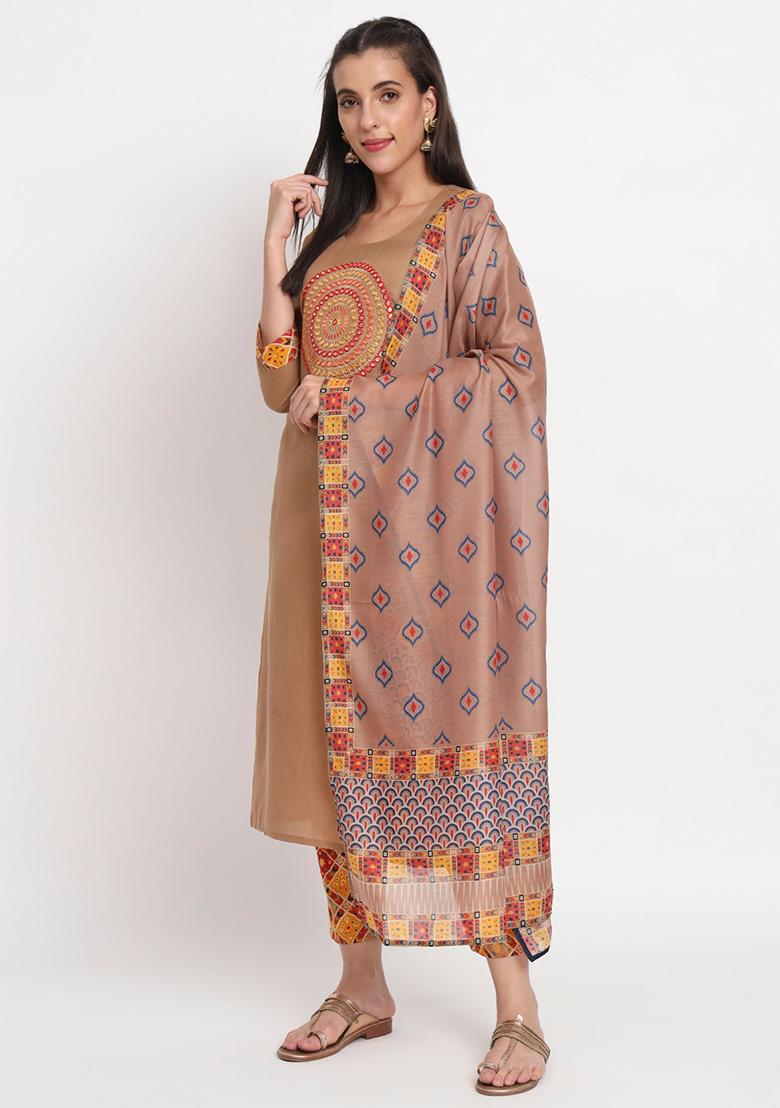 Brown Embroidered Cotton Kurta Set