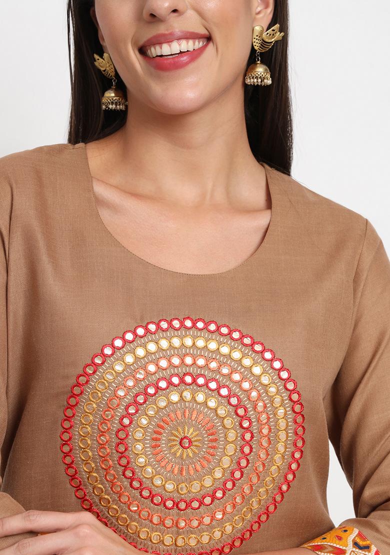 Brown Embroidered Cotton Kurta Set