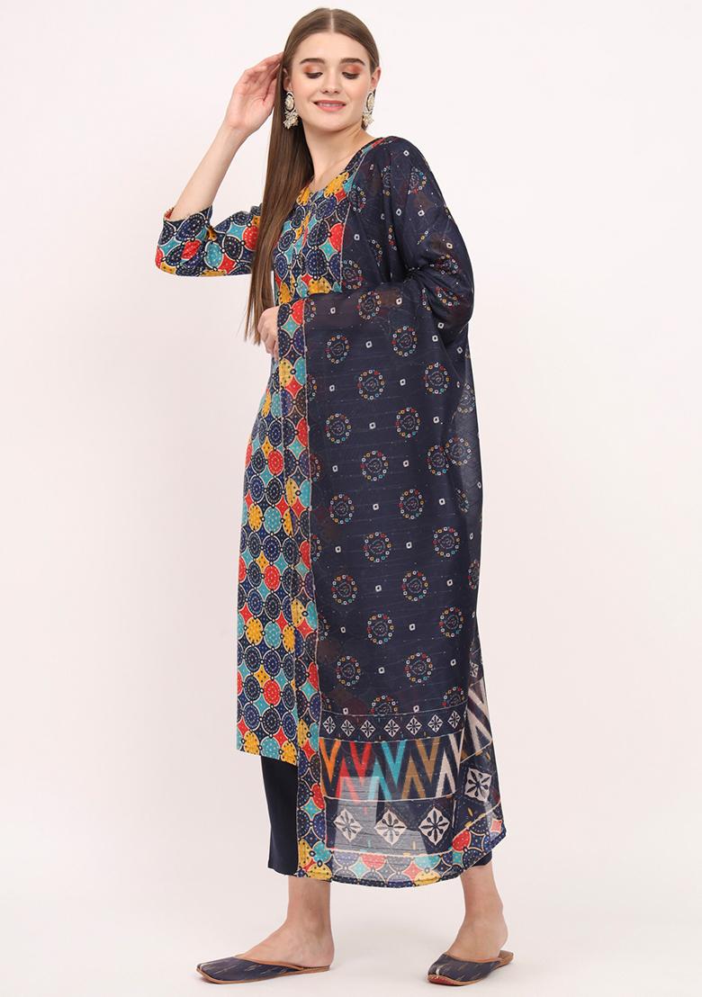Blue Embroidered Cotton Kurta Set